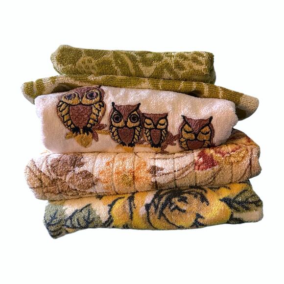 Vintage 70s Towel Set Owls Butterflies Pequot Martex Green Brown Yellow - Picture 1 of 10